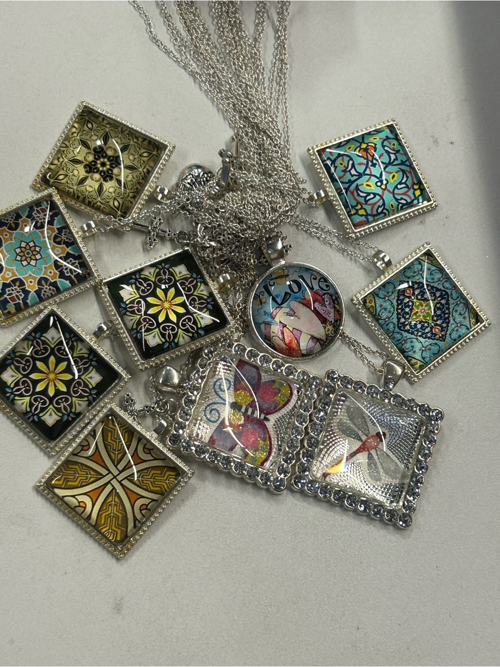 10 Silver tone Multi-Color Patterned Glass Pendant Necklaces
